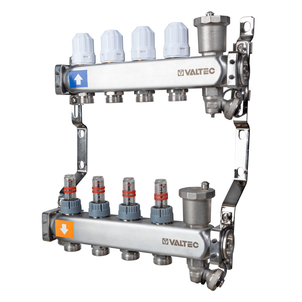 Коллекторный блок VALTEC VTc.579.EMNX.0606, 6 выходов, 1"х3/4", евроконус, с расходомерами